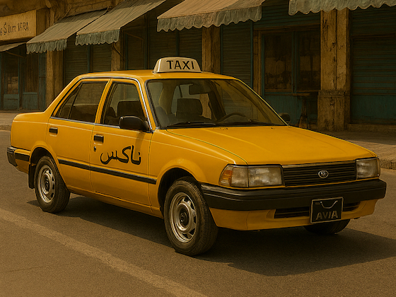 Middle East style yellow taxi in front of buildings; image created by AI